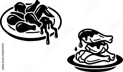 Black silhouette and sketch illustration of saucy chicken wings and burger plate with dripping sauce, bold flat vector food icons perfect for restaurant menu, BBQ, fast food, or delivery brand design