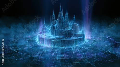 Futuristic holographic digital castle emerging from cyber technology network