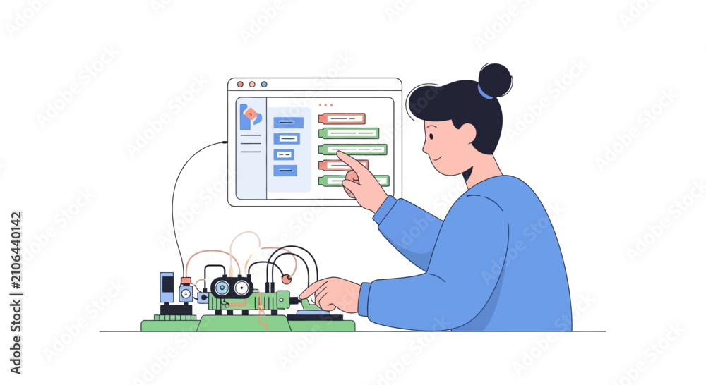 Naklejka premium Woman Programming Microcontroller with Visual Interface on Computer Screen