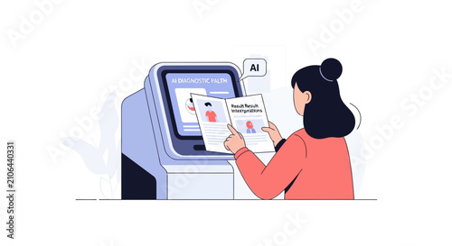 Woman using AI kiosk for digital identity verification, holding printed document