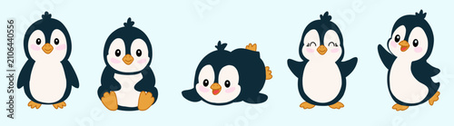 Obraz na płótnie Penguins set, cute Antarctic birds and animals, hand drawn vector illustrations