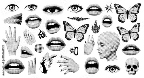 Mixed Gothic Punk Vector Collage Asset Set Essential Collage Elements Halftone Stipple Grunge Punk Y2K Kit