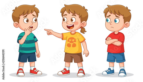 Canvas Print Young boys teasing and bullying an upset schoolmate with bullying, children