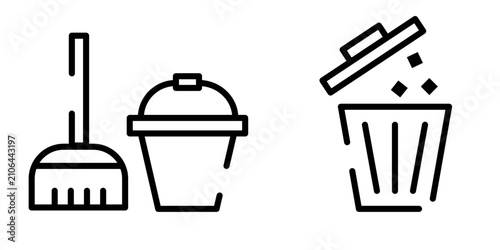 Tableau sur toile Cleaning Supplies and Waste Bin Line Icons