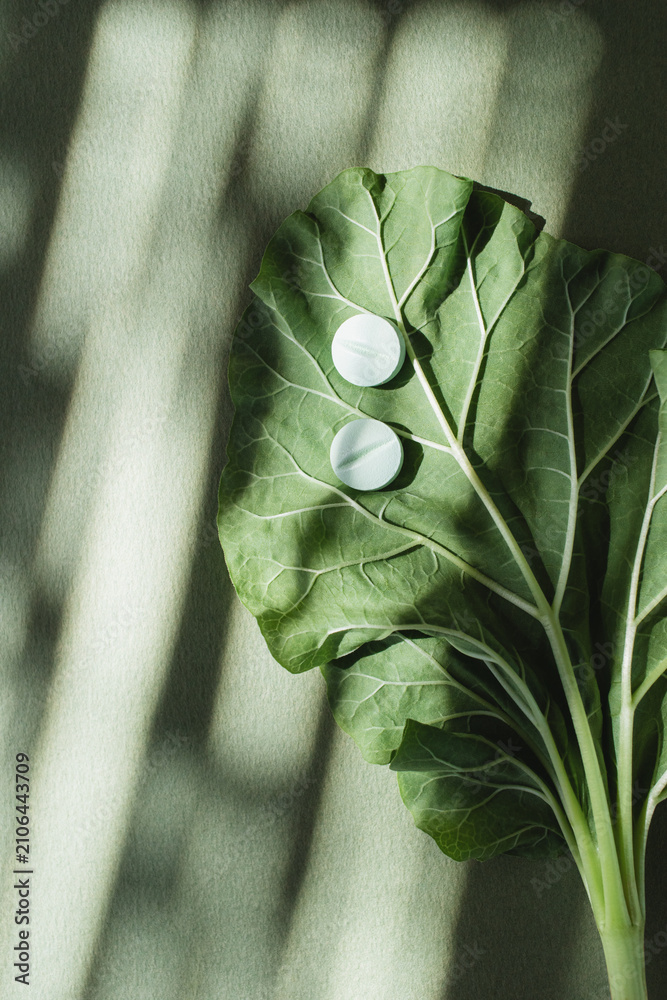 Fototapeta premium Vitamin supplement medicine pills on green leaf under sunlight shadows top view. Natural wellness, organic nutrition and beauty treatment.