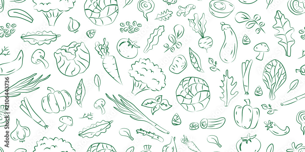 Fototapeta premium Hand-drawn line art green vegetable seamless pattern on a white background. Ideal for organic food packaging, vegan menus, grocery store bags, and healthy diet blogs.