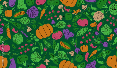 Colorful hand drawn vegetable seamless pattern with pumpkin and tomato for organic food packaging and vegan menus.