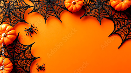 Halloween frame with pumpkins black spiderwebs spiders and bright orange copy space