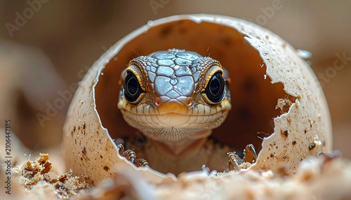 Reptilian Embryo Development, Close-Up of Reptile Hatchling Emerging from Egg Shell