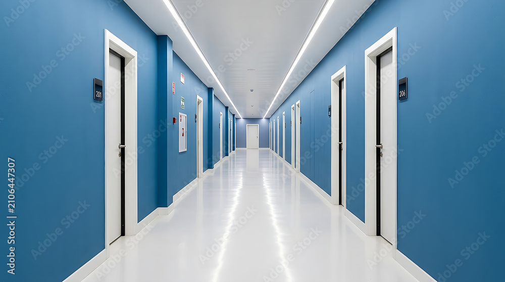 Fototapeta premium Modern hospital corridor with white doors and blue walls.