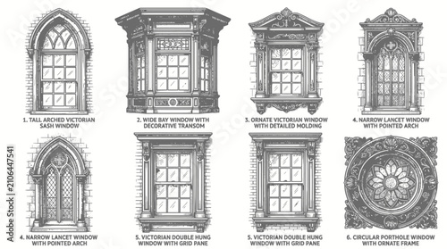 Set of eight vintage architectural window designs and styles illustration.