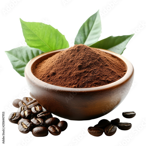 Cocoa powder in wooden bowl with coffee beans and green leaves