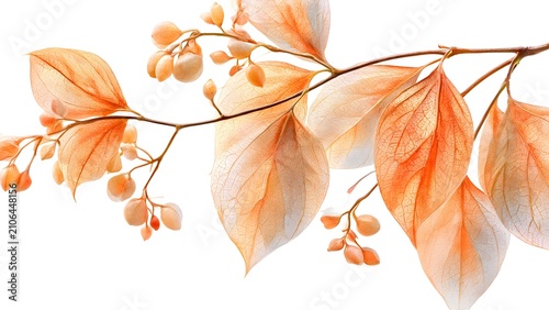Delicate Orange Leaves Branch with Small Berries Against White Background