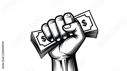 Powerful human hand clenching a large wad of dollar bills, rendered in a bold black and white vintage engraving style, symbolizing wealth and finance.