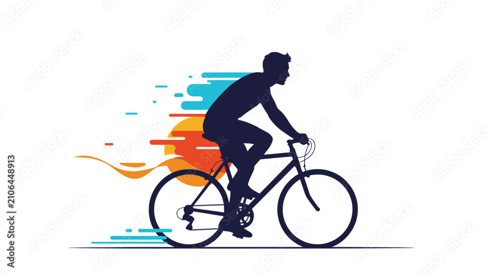 Obraz premium Dynamic silhouette of a male cyclist riding a road bike, accompanied by vibrant abstract speed streaks, symbolizing fast motion and energy.