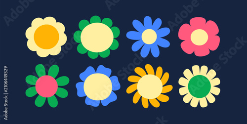 Groovy retro style daisies set. Abstract flowers, top down view. Summer flora...