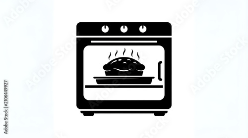 Minimalist black oven icon featuring a freshly baked pie inside a simple kitchen appliance graphic with displays high contrast