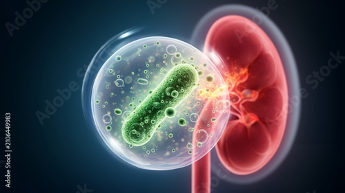 Kidney and Infection concept ,Bacteria in magnified bubble over kidney with infection and inflammation concept