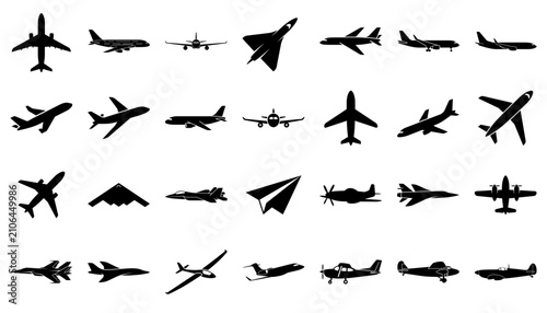 Airplane solid glyph icon set for aviation design. Vector illustration.