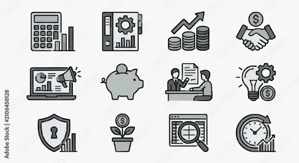 Fototapeta premium Business Icons Set Showcasing Finance and Productivity.