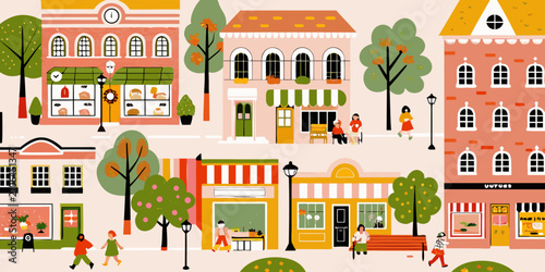 Принти на полотні Colorful street scene with storefronts and pedestrian figures vector illustratio
