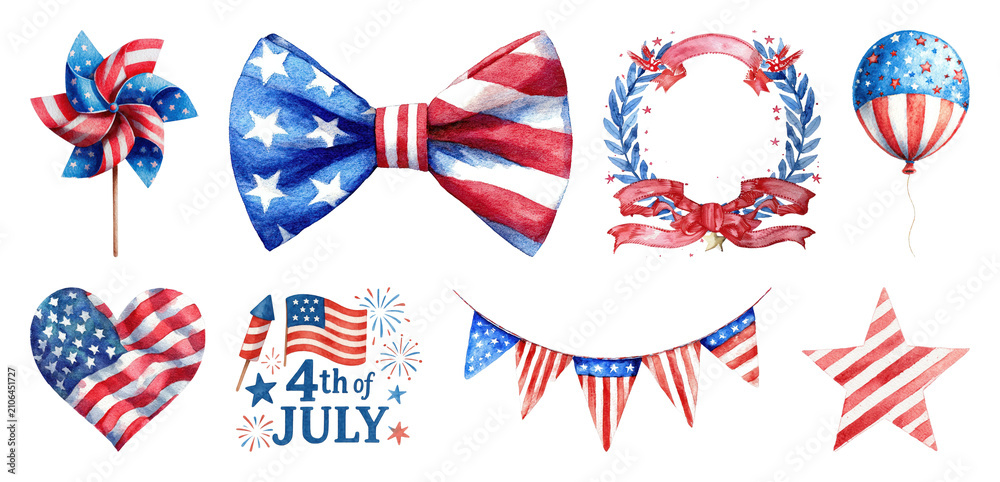 Fototapeta premium PNG Patriotic watercolor decorations collection on transparent background