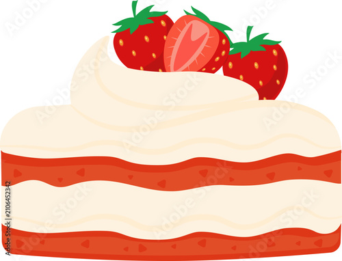 Delicious layered strawberry cake with sweet whipped cream and fresh red berries for dessert