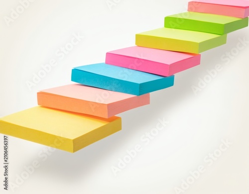 Colorful Sticky Notes Floating in Mid-Air Arranged in a Stepped Staircase Pattern — A Symbol of Organized Ideas and Creative Planning