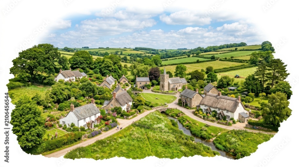 Obraz premium Aerial view of a small rural english village with old stone cottages and green fields surrounded by trees and nature