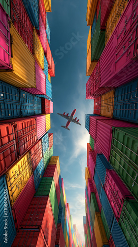Global Cargo Hub: A vibrant and busy shipping port, where towering stacks of colorful cargo containers reach towards the sky, creating a striking visual with an airplane soaring overhead.