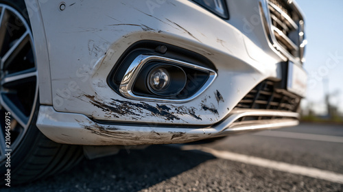 Damaged Car Bumper: A close-up shot reveals the extent of damage on a white car's front bumper, with deep scratches and scuffs marring its surface.