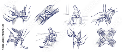 Schilderij op canvas Prosthetic leg orthopedic brace instructions showing step-by-step adjustment, me