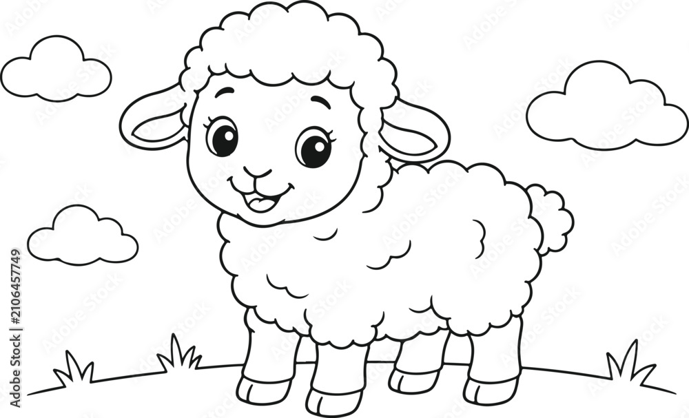 Obraz premium Cute Baby Sheep Coloring Page for Kids – Farm Animal Black and White Outline Cartoon Illustration