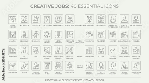 Fotografía Creative jobs, 40 essential line icons for professional creative services, 2024 collection
