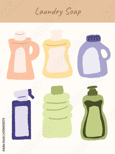 Laundry Soap Bottle Vector Set, Liquid Detergent and Cleaning Product Packaging Illustration