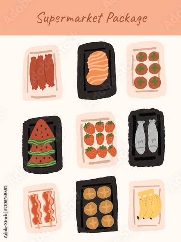 Supermarket Fresh Food Packaging Vector Set with Salmon, Sausage, Fish, Meat, Mushroom and Watermelon