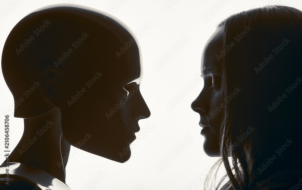 Fototapeta premium Silhouette of a human face facing a robotic head in profile against a dark background representing artificial intelligence interaction