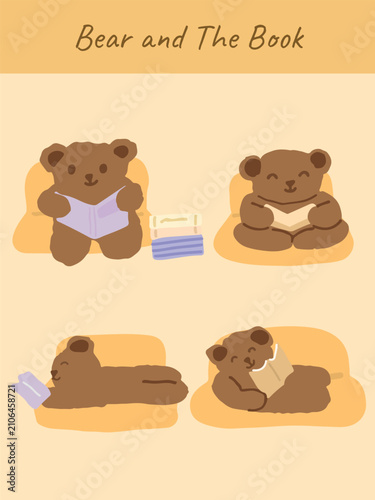 Cute Bear Reading Book on Sofa Vector Set, Cozy Home and Relaxing Reading Character Illustration