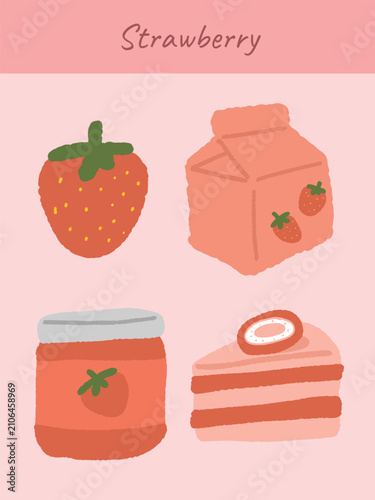 Strawberry Food and Drink Vector Set with Fresh Strawberries, Strawberry Milk, Jam and Cake