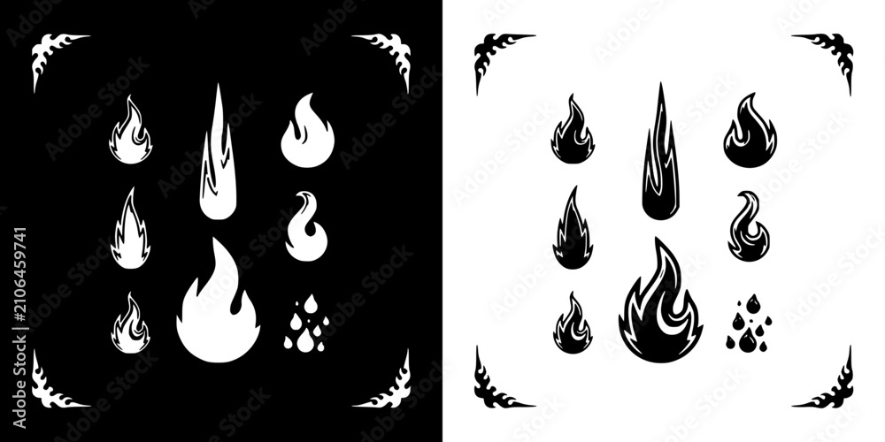 Obraz premium Flames in Two Distinct Styles, One on Black Background and One on White Background, with Decorative Elements