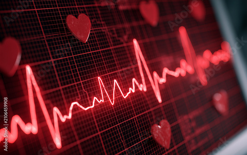 Close-up of a vibrant red electrocardiogram displaying a healthy heartbeat and heart symbol on a monitor