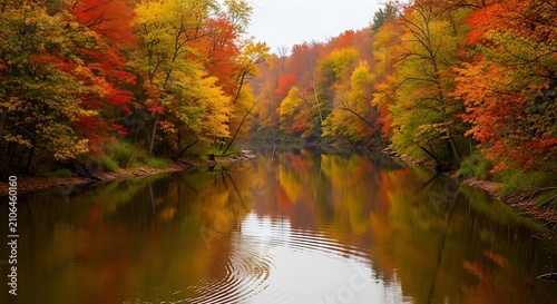 Tranquil autumn forest reflection in calm river during golden hour sunlight