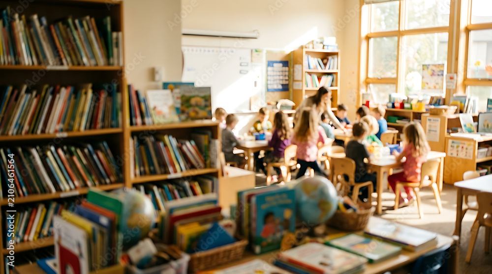 Fototapeta premium Children reading books in a bright classroom library.