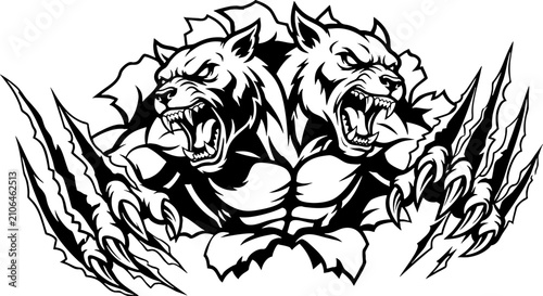 Aggressive two headed wolf mascot ripping through background
