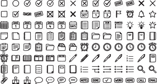 Icon collection displaying various hand-drawn office and productivity symbols offers a comprehensive set for digital planning.