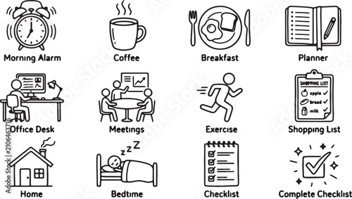 Foto Daily routine icons illustrate common activities like waking up, exercising, working at a desk, and sleeping