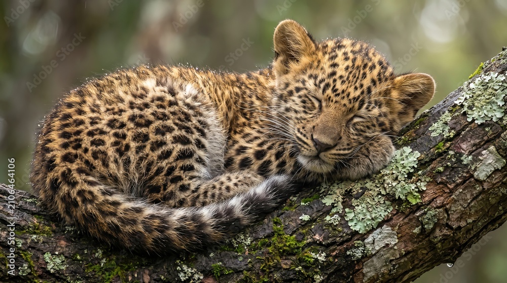 Fototapeta premium Sleeping Baby Leopard Resting on Tree Branch, Sleeping Leopard Cub on Tree Branch in Nature