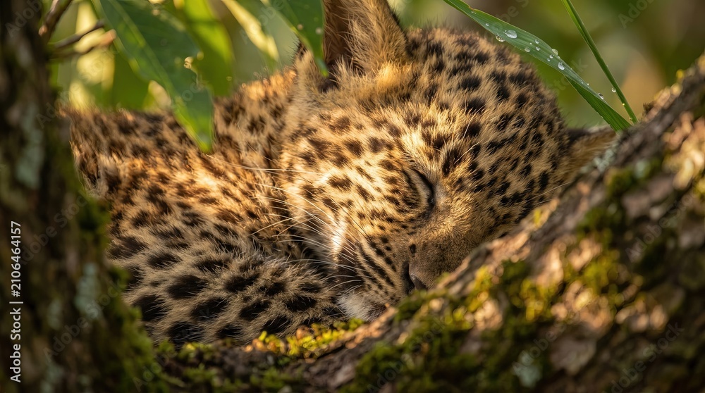 Obraz premium Sleeping Baby Leopard Resting on Tree Branch, Sleeping Leopard on Branch in Natural Habitat