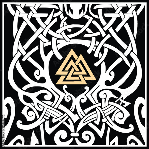 Photography Symmetrical Viking wolf knotwork with Norse interlace ornament, black and white
