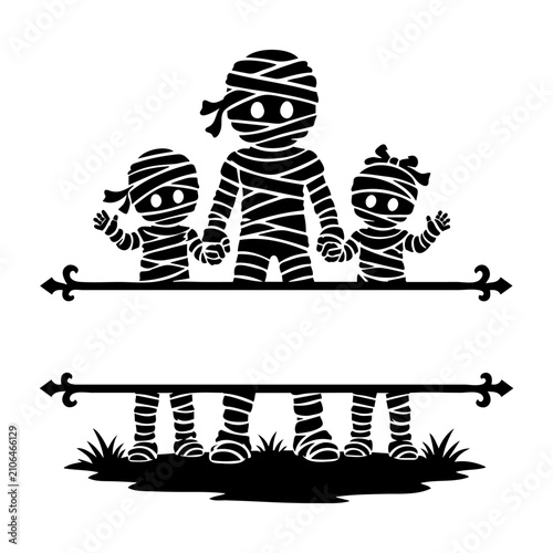 Cute Mummy Family Monogram Frame SVG, Halloween Name Sign, Spooky Blank Banner, Personalized Laser Cut Vector Silhouette Design